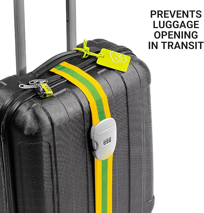 Combi Luggage Strap, Fully Adjustable Luggage Straps for Suitcases and Bags, Secure 3-Dial Combination Lock with Sturdy Buckle, Travel Essentials, Yellow/Green