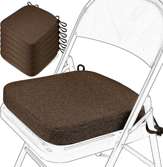 SINOSSO Memory Foam Chair Cushions for Folding Chairs 6 Pack, Thickened 2" Square Pads with Ties for Kitchen Chairs, Indoor Non-Slip Dining Chair Seat Cushions (6 Pcs, Dark Brown)