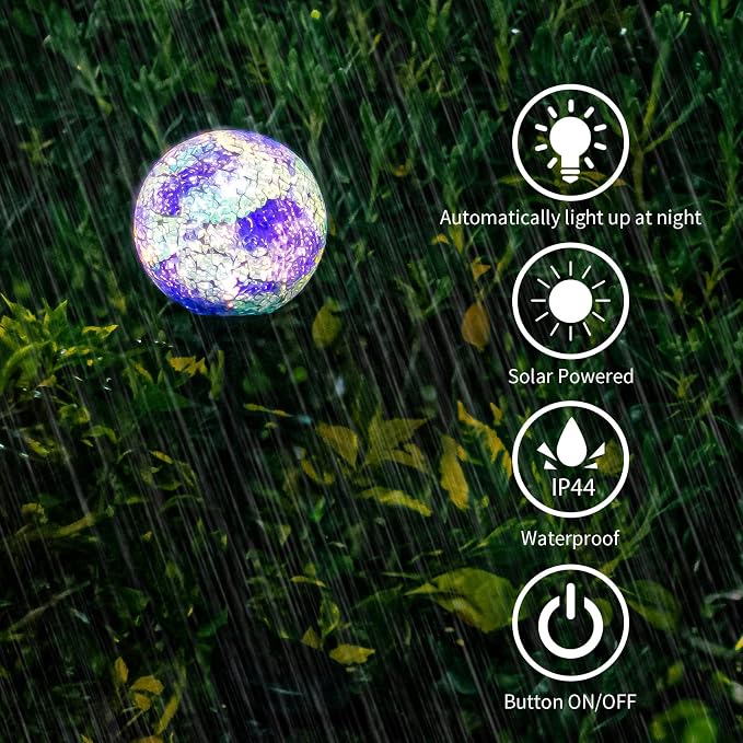 VCUTEKA Decorative Solar Garden Lights, 3.5" Mosaic Globe Outdoor Stake | Mosaic Glass Globe Design, Solar LED Light, Waterproof Design, Auto On/Off and Metal Stake Design for Lawn and Patio