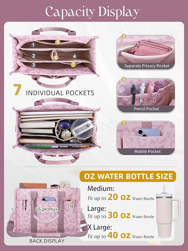 FIORETTO Canvas Tote Bag for Women with Zipper Closure & Individual Compartments for Work College for Teacher & Nurse