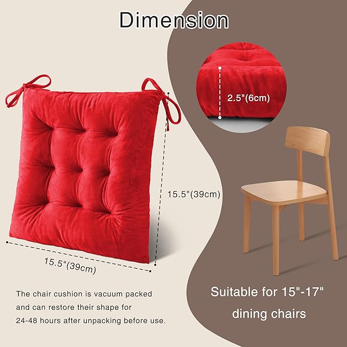 OVOV 4 Pack Chair Cushions for Dining Chairs Soft Seat Cushions for Kitchen Desk Chairs Square Chair Pads with Ties (15.5"x15.5" Red)