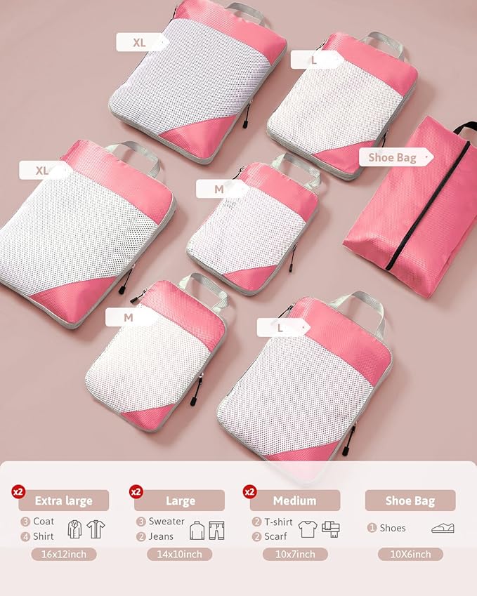 Meowoo 7 Set Compression Packing Cubes for Travel, Durable Ripstop Mesh Suitcase Organizer with Shoe Bag, Ultralight & Expandable Space Saver Travel Cubes