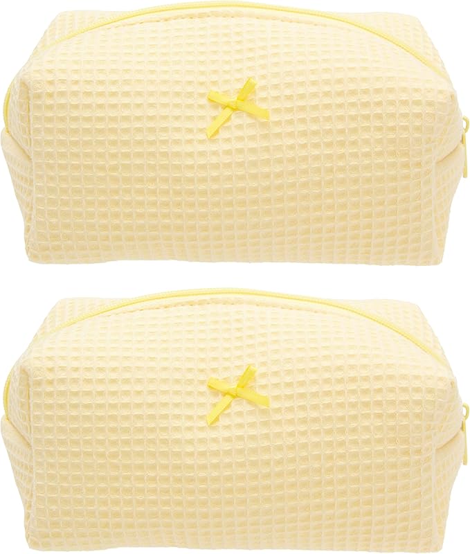 PAZIMIIK 2PCS Cozy Makeup Bag Travel Cosmetic Bag for Women Soft Toiletry Bag Aesthetic Makeup Organizer Portable Large Zipper Pouch for Skincare Beauty Accessories Brushes Waffle Check Yellow