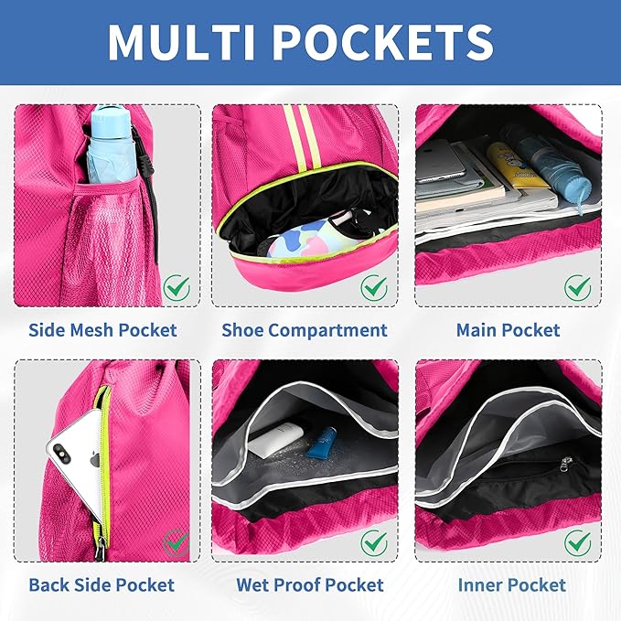 Drawstring Backpack Gym Bag with Shoes Compartment for Soccer, Basketball, Swim, Water-Resistant String Backpack Beach Cinch for Women Men, Rose