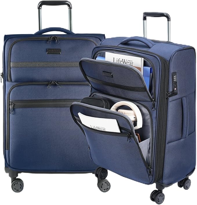 KROSER Softside Expandable checked Luggage with Front Business Pockets，24 Inch Suitcases with Spinner Wheels & Built-in TSA Lock, Durable Suitcase Rolling Luggage, Navy