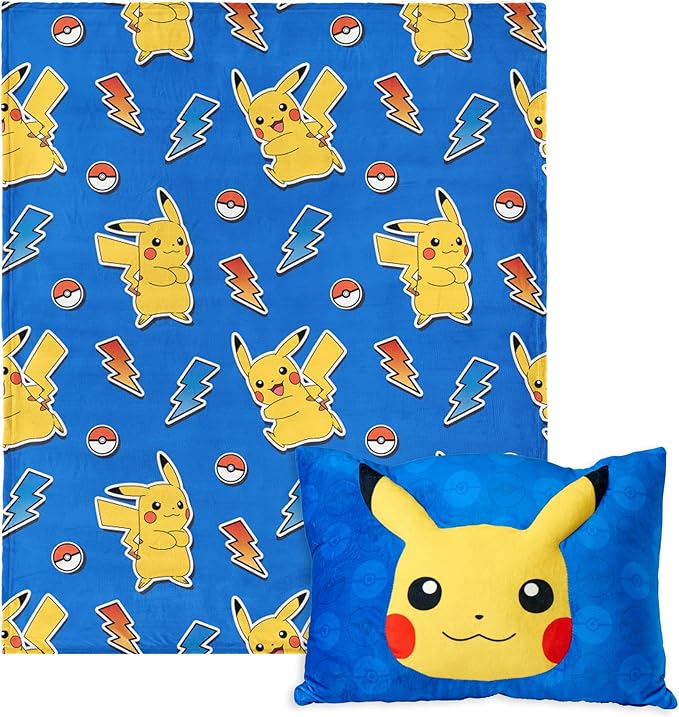Northwest Pokémon Pika Pika Pikachu Plush Blanket 50" x 60" with 3D Plush Pocket Pillow 14" x 20" - Soft Pokemon Gifts for Boys and Girls- Comfy and Cozy Blanket Set
