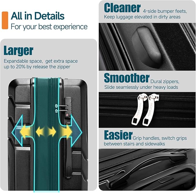 Hoteel Luggage Sets 3 Piece, 4-Yr Warranty, PC+ABS Hard Shell Expandable Suitcases with Wheels, TSA Aproved Lock and Carry on Bags, Travel Suit Case Set for Men and Women, (3-Piece, Black)
