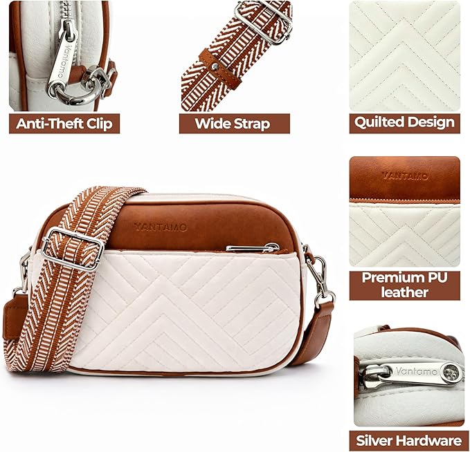 Vantamo Premium Quilted Crossbody Bags for Women with Anti-Pickpocket Clip, Vegan Leather Handbags, Travel Purses for Women