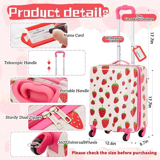 Redbaker 17 Inch 6 Pcs Kids Luggage Set Kids Rolling Luggage Double Pattern Suitcase for Boys Girls (Blush Pink, Strawberry Style)