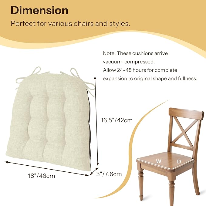 Chair Cushions for Dining Chairs Set of 2 Durable D-Shaped Seat Cushions with Non-Slip Backing Secure Ties Thick Cozy Seat Pad for Kitchen Dining Room Office(18x16.5x3in Beige)