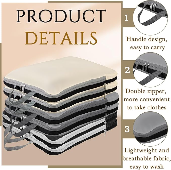 Hosuly 6 Pcs Ultralight Compression Packing Cubes for Travel 17.3 x 12.6'' XL Large Expandable Luggage Organizers for Save Space Family Long Trips (Black, Gray, Beige)