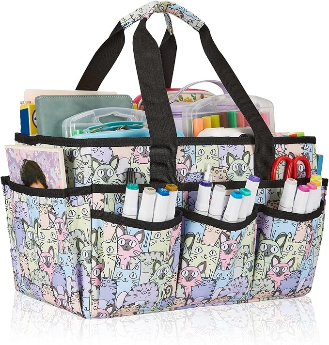 Craft Organizer Tote Bag, Art Organizer, Craft Caddy with Multiple Pockets, Storage Bag for Sewing Tools, Art Supplies, Home and Office (Cat Print)