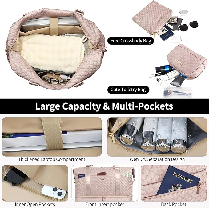 Weekender Bag, Large Travel Duffel Bag for Women, Carry on Overnight Bag with Shoe Compartment and Toiletry Bags