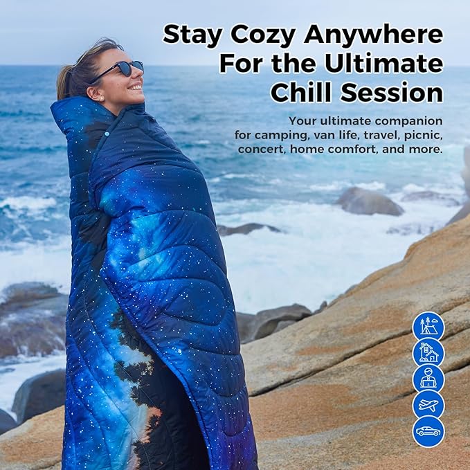 KingCamp Ultralight Camping Blanket, Packable Down Alternative Puffy Printed Wearable Blanket with Snap Buttons & Corner Loops Weatherproof Quilt for Outdoor Travel Stadium (78.7"L x 57.1"W)