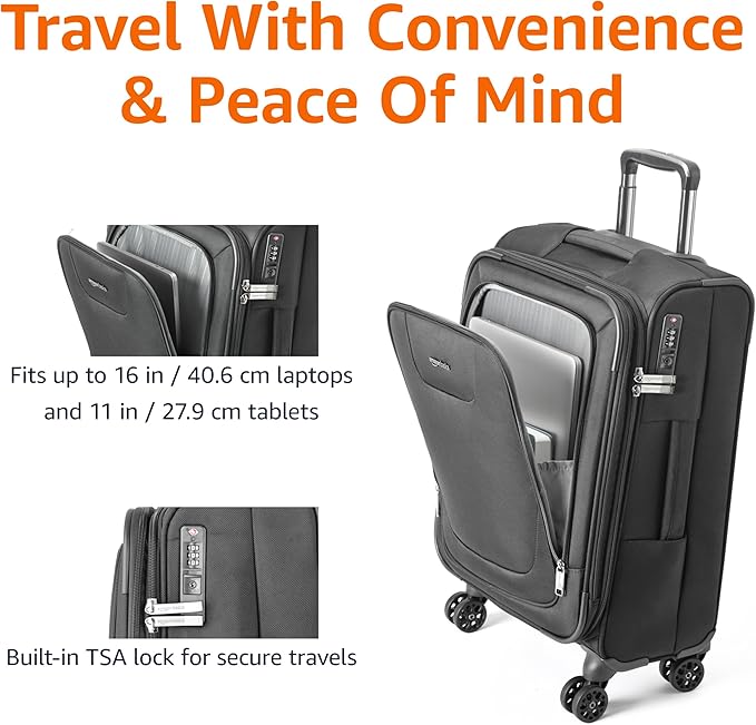 Amazon Basics 17" Carry-On Softside Luggage Suitcase with TSA Lock, 8 Spinner Wheels, Front Exterior Pocket, 3 Interior Pockets, Sturdy Telescoping Handle, Black