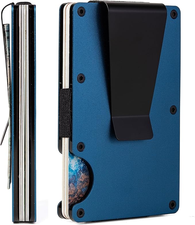Minimalist Carbon Fiber Wallet for Men, Money Clip Cash Strap Wallet, RFID Blocking Metal Wallet Aluminum Card Holder,Front Pocket Wallet(Matte Blue)