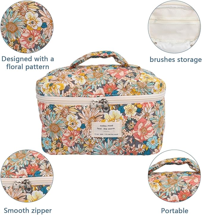 Large Makeup Bag, Cute Cosmetic Bag for Women Girls, Floral Coquette Aesthetic Toiletry Bag, Travel Make Up Organizer Bag (South Twigs Flower)