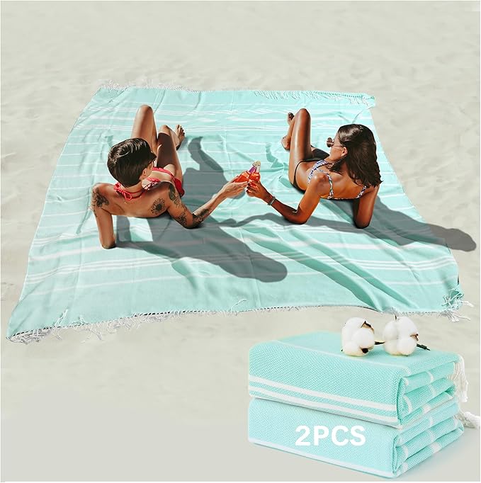2 Pack Giant Huge Thin Boho Throw Blanket Turkish Beach Blanket Towel Jumbo Extra Large XXL Oversized Outdoor Picnic Accessories Airplane Travel Essentials Camping Gears Must Haves Yard Yoga Mat Aqua