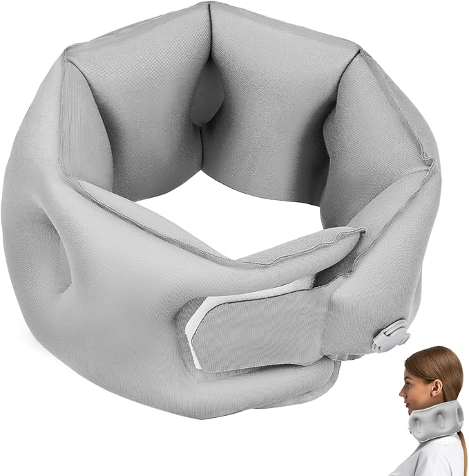 Inflatable Neck Pillow, Travel Pillow for Airplane, Traveling, Office, and Car, Chin Support Neck Relief - Airplane Travel Essentials(Gray)