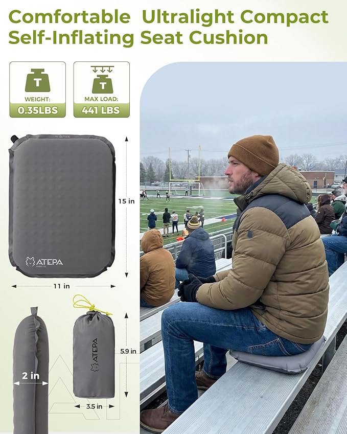 ATEPA Inflatable Seat Cushion, Self-Inflating Portable Stadium Airplane Travel Foam Cushion Pad for Camping, Sports Events, Outdoor