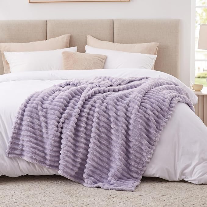 EXQ Home Fleece Blanket Twin Size for Couch or Bed - 3D Stripe Jacquard Decorative Blankets - Cozy Soft Lightweight Fuzzy Flannel Blanket Suitable for All Seasons(60"×80",Light Purple)