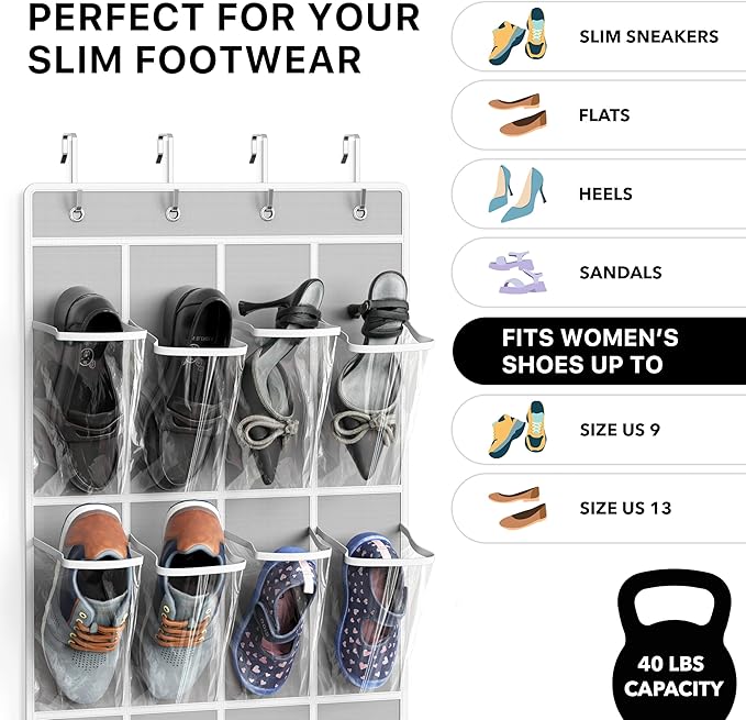 Simple Houseware 24 Pockets - Crystal Clear Over The Door Hanging Shoe Organizer, Gray (64'' x 19'')