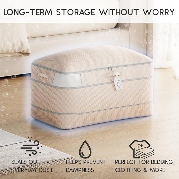 Compression Storage Bags for Comforters - 4 Pack Long Large 100L Compression Bags, 3-Layer Washable Ultra Space Saving Self Comforter Storage Bag for Blankets, Sheets, Clothes, Beige
