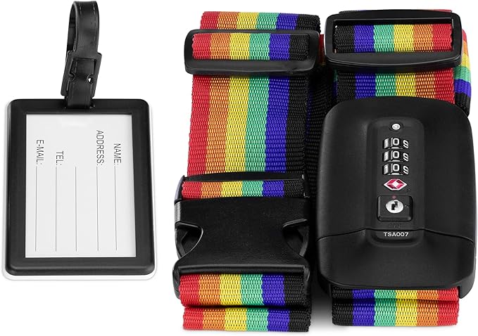 Navaris TSA Luggage Strap - Secure Adjustable Strap for Suitcases with Combination Lock - Lockable Cross Case Travel Belt for Luggage with ID Tag