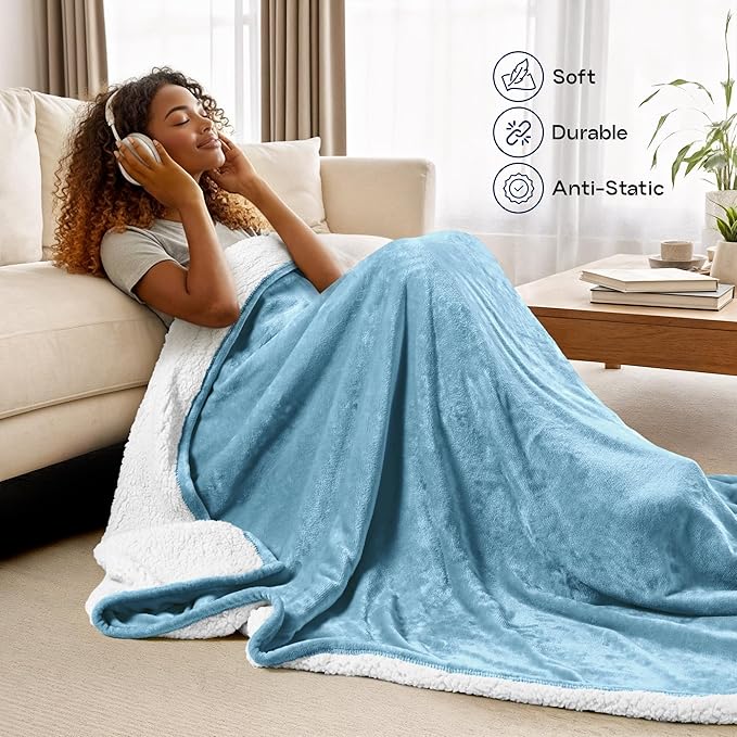 Utopia Bedding Sherpa Blanket California King Size (Washed Blue, 102x96 Inches) - Soft Lightweight Plush Fleece Reversible Blanket for Bed, Sofa, Couch, Camping and Travel
