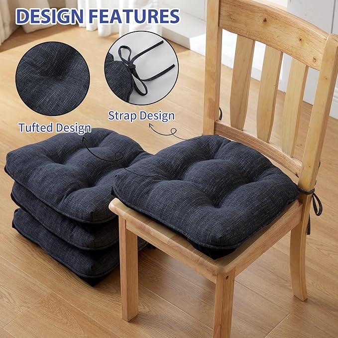 Chair Cushions for Dining Chairs Set of 4, Kitchen Chair Cushions, Chair Pads with Ties and Non Slip Backing, Tufted Memory Foam Seat Cushion 4 Pack, 18" x 18" x 4", Navy Blue