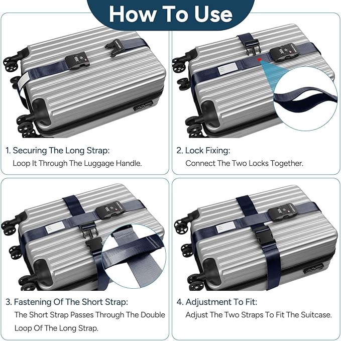 Travel Inspira Luggage Straps TSA Approved, 2 Pack Navy Blue Suitcase Straps with TSA Lock, Heavy Duty Adjustable Cross Travel Belt, Locking Bag Straps for Suitcases, Anti-Theft Travel Gear
