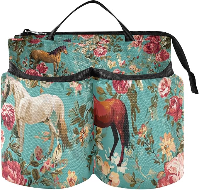 Luggage Cup Holder for Suitcases Free Hands Travel Cup Holder Portable Suitcase Cup Drink Holder Luggage Cup Caddy Bag Carrier Teal Horses and Red Roses