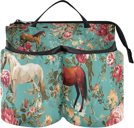 Luggage Cup Holder for Suitcases Free Hands Travel Cup Holder Portable Suitcase Cup Drink Holder Luggage Cup Caddy Bag Carrier Teal Horses and Red Roses