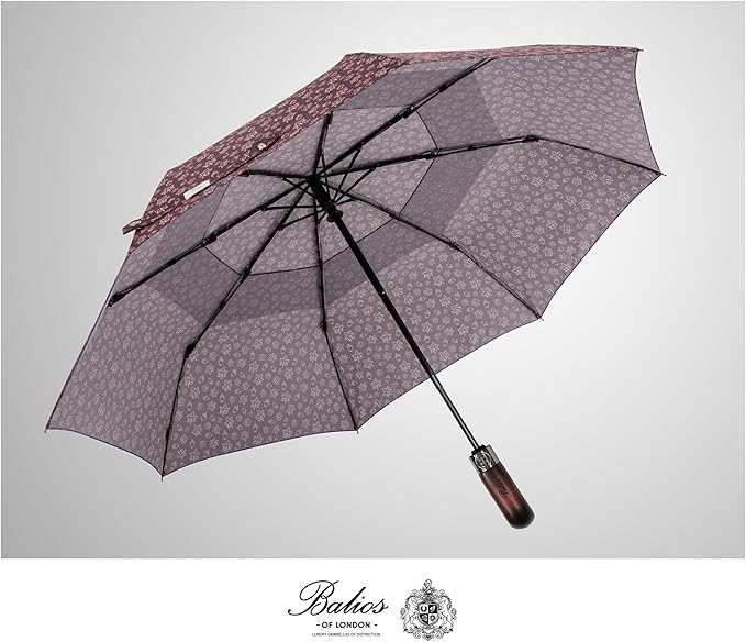 Balios Travel Folding Umbrella with Real Wood Handle Auto Open Close Vented Windproof Canopy - Designed in UK