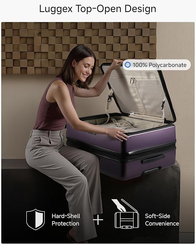 LUGGEX Checked Suitcase with Spinner Wheels, FLO5 Top Opening Expandable Polycarbonate Hard Shell Suitcase with TSA Approved Lock (FX-Core, Purple, 28 Inch)
