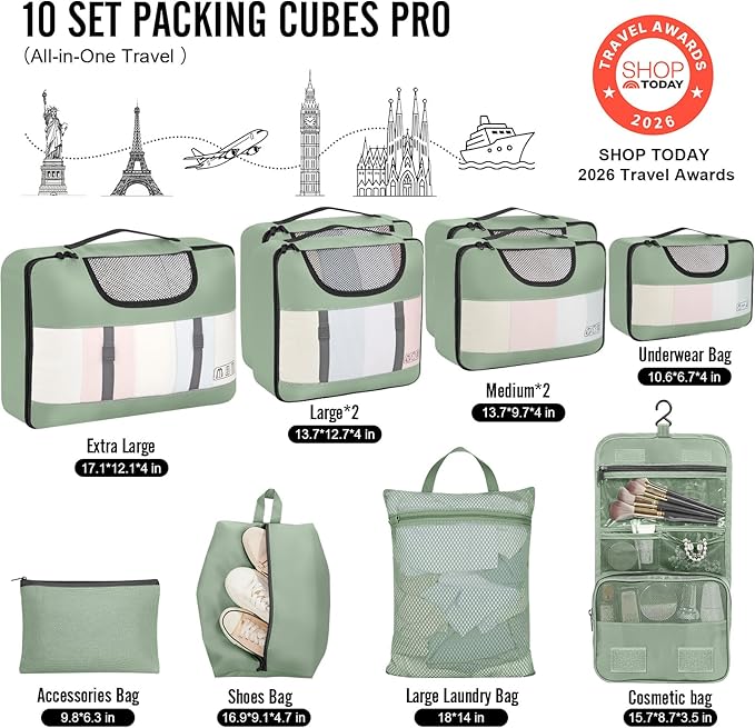 Veken 10 Set Packing Cubes for Travel Essential, Suitcase Organizer Bags in 4 Sizes, Carry-On Luggage Accessories with Large Laundry & Hanging Toiletry Bag, Must-Have for Airplane, Road Trip & Camping