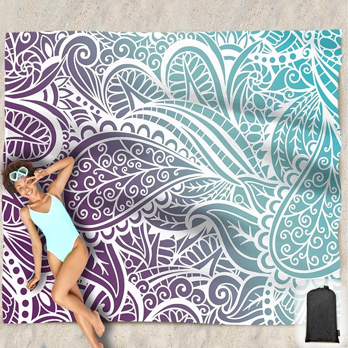 Beach Blanket Waterproof Sandproof Oversized 95”x 80”,Sand Free Beach Mat with Corner Pockets,Portable Mesh Bag for Beach Festival,Picnic,Travel and Outdoor Camping (Ombre Purple Blue)