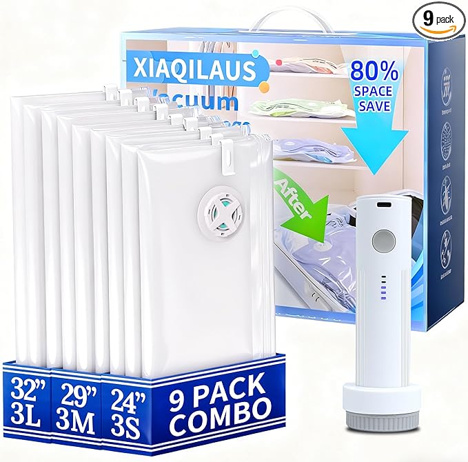 Vacuum Sealing Bags for Clothing Travel,Space Saver Vacuum Storage Bags with Air Pump,Compression Packing for Luggage and Clothes Travel (9 Combo Bags+Electric Pump)
