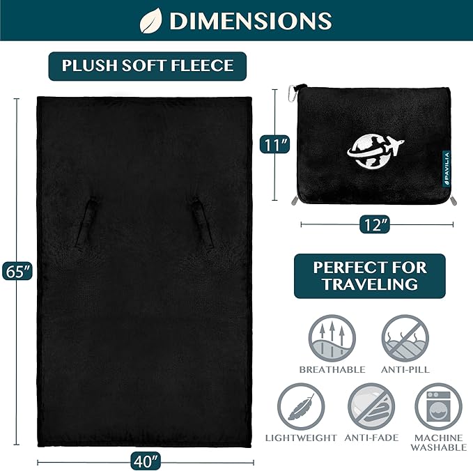PAVILIA Travel Blanket and Pillow, Arms Opening Airplane Blankets for Adults, Compact Plane Blanket with Arm Hole 2-in-1 Bag for Flight Car Camping Fit in Luggage Backpack Traveler Gift, Black