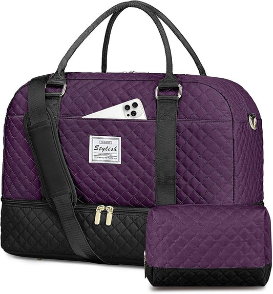Weekender Bags for Women Travel Bag - Duffle Bag with Shoe Compartment Carry on Overnight Bag for Women Hospital Bags for Labor and Delivery 2Pcs Set Black Purple