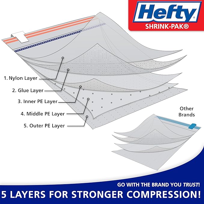 Hefty Shrink-Pak Travel Storage Bags – For Clothes, Pillows, Towels, Blankets & More – Space Saver Suction Sealer Bags for Luggage or Moving – 4 Large, 22.5x18 Inches, 4 XL, 27.5x 19.5 Inches