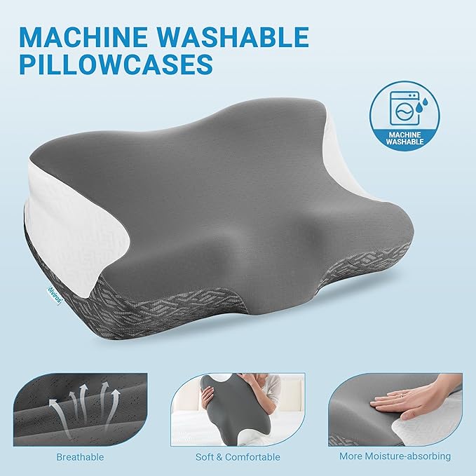 Elviros Cervical Neck Pillow for Neck Pain Relief, CPAP Pillow for Side, Back & Stomach Sleepers, Ergonomic Orthopedic Pillow for CPAP Users to Reduce Air Leaks and Mask Pressure, Dark Grey