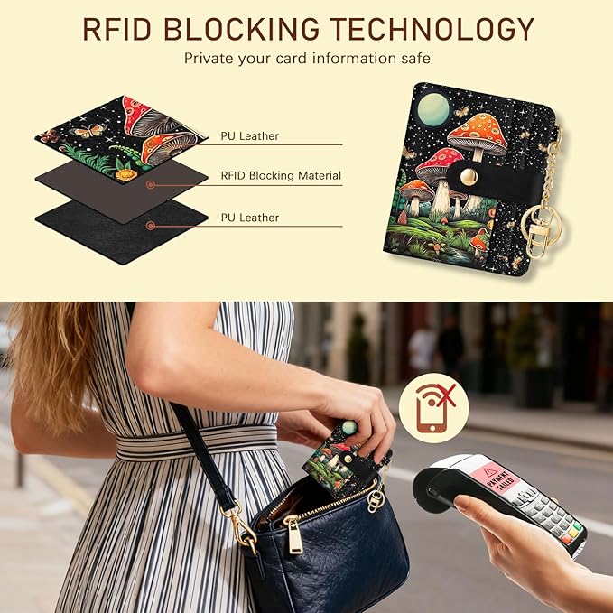 Jogjam Mushroom Rfid Women Wallet, Small Slim Thin Credit Card Wallet, PU Leather Bifold Cash Zipper Coin Pocket ID Window for Female Ladies Teen Girls Girly