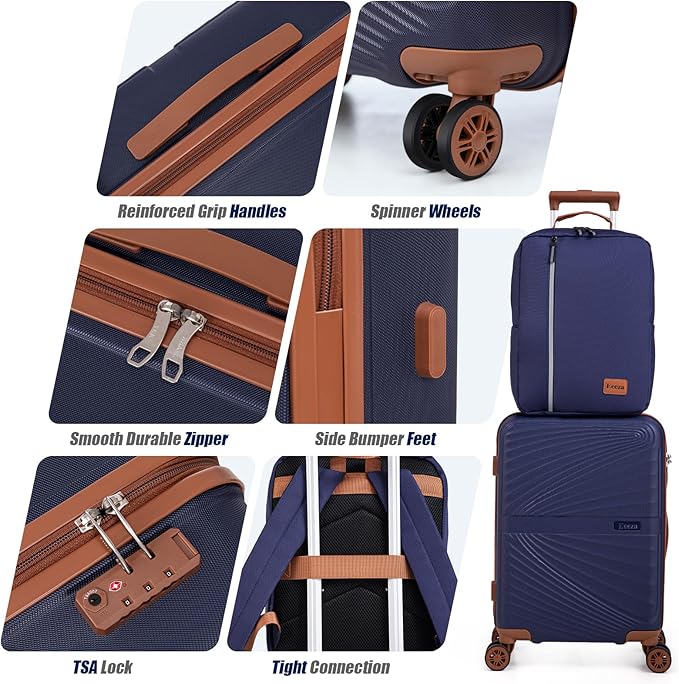 Carry On Luggage Set 22x14x9 Airline Approved Luggage Sets 3 Piece,Suitcases with Wheels,ABS Hard Case Luggage with TSA Lock Spinner Wheels(20 Inch,BP/TB)