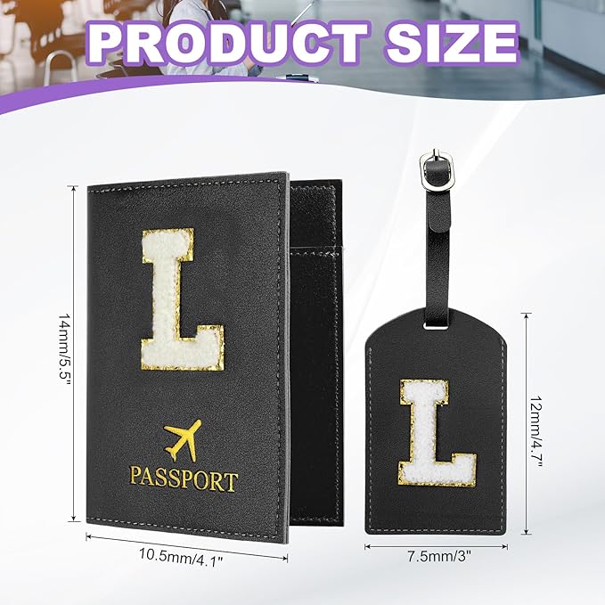 PATIKIL Passport Holder for Travel, Initial Passport Cover and Luggage Tag Set with Alphabet Chenille Letter Patch Travel Wallet Bag Suitcase Identifier for Women Family Travel Black L