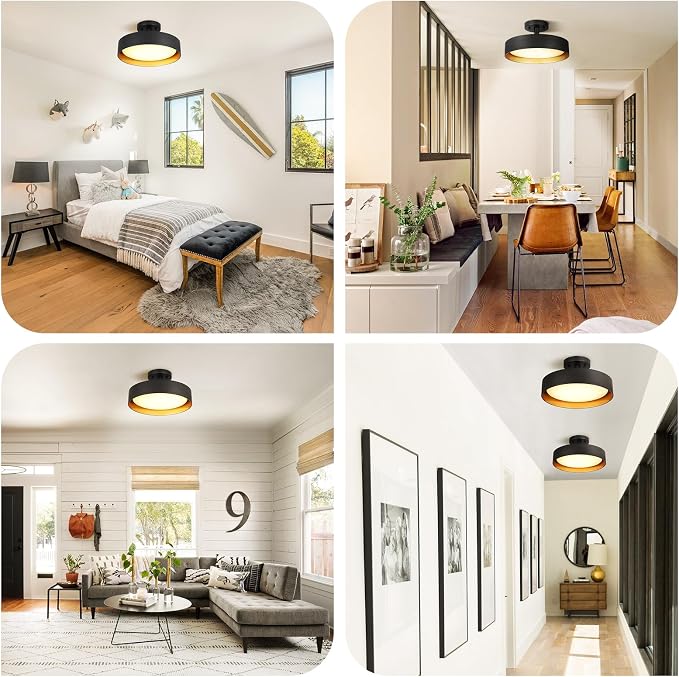 Semi Flush Mount LED Ceiling Light 4000K, 12 Inch 25W Dimmable | Neutral White, 2000LM, 200W Equiv. Gold Inside, Round Hanging Lights for Bedroom, Foyer, Hallway, Entryway, Living Room