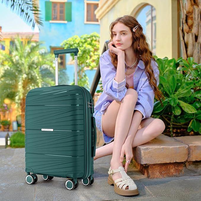LARVENDER Carry On Luggage 22x14x9 Airline Approved, 20 Inch Hardshell & Lightweight PP Carry On Suitcase for Women with Spinner Wheels TSA Lock, Dark Green
