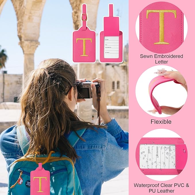 Initial Letter Luggage Tag for Suitcase, Cute Luggage Bag, Waterproof PU Leather Travel Luggage Tag, Suitcase Identifier Name Tag, Monogrammed Suitcases Tags, Bag Tags for Handbags(Rosered T)