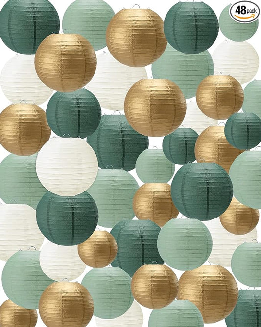 Treela 48 Pcs Paper Lanterns Party Decorations Round,Gradient Green | Chinese Hanging Lamps, Wedding, Party Supplies, Birthday Bridal, 4/6/8/10 Inch, Easy Setup, Asian Decor, Festive Atmosphere