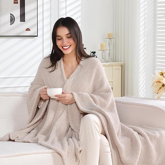 JOOJA Wearable Blanket Super Soft Feather Yarn Blanket Shawl with Pockets Fuzzy Throw Blanket TV Blanket for Adults Teens